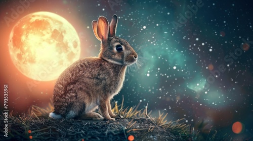 Captivating HD image of a rabbit exploring the moons surface, bathed in ethereal light, with a detailed, noisefree backdrop of space