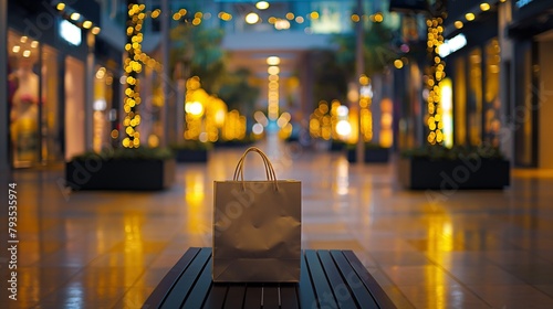 a frontal photo of a shopping bag on a bench in a shopping center completely alone, yellow soft lights, modern mall, realistic photography, an unoccupied store background  photo
