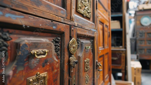 Vintage wood cabinet doors featuring ornate golden metal handles, showcased in a market display