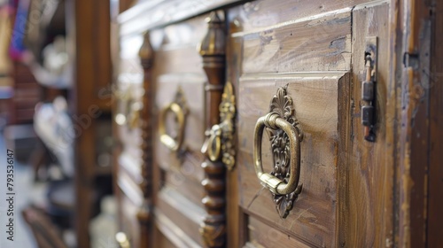 Vintage wood cabinet doors featuring ornate golden metal handles, showcased in a market display