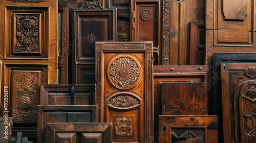 A panorama of wood cabinet doors, each telling a story of luxury and history, lined up at a market