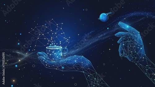 Abstract image of a hand holding coffee in the form of a starry sky or space, consisting of points, lines, and shapes in the form of planets, stars and the universe. Vector business wireframe concept photo