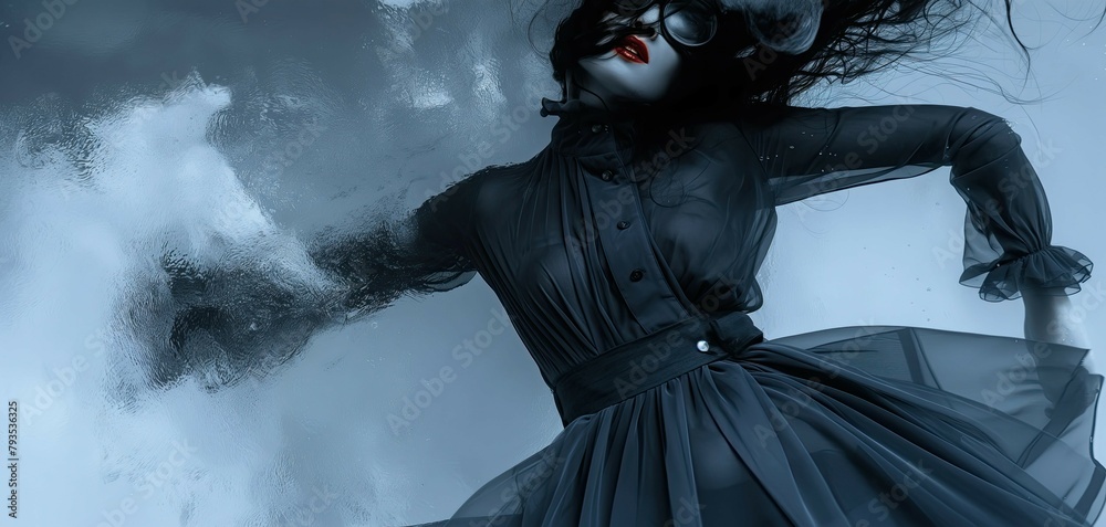 Mysterious woman in dark attire dissolving into smoke against a monochrome backdrop under water