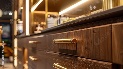 A market display of brown kitchen cabinet doors, where golden metal handles meet modern luxury photo