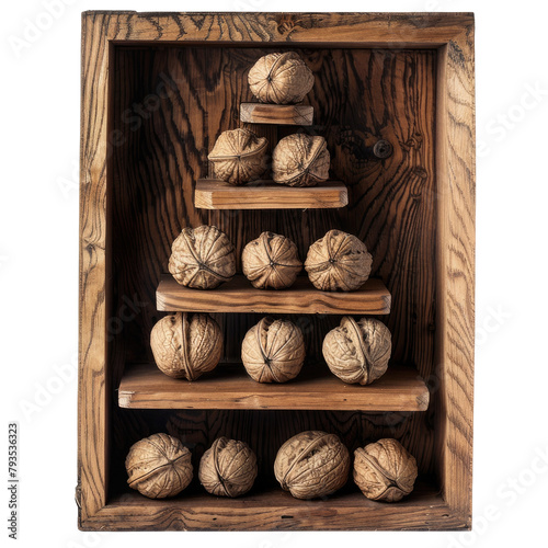 At the center of a wooden box a pyramid of whole walnuts stands alone against a transparent background exuding a sense of mystery and elegance photo