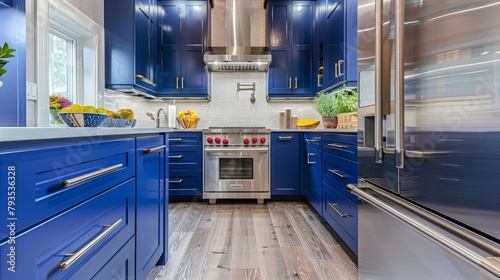 A market-style showcase of blue kitchen cabinet doors, adorned with contemporary stainless steel handles