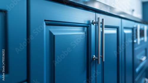 A market-style showcase of blue kitchen cabinet doors, adorned with contemporary stainless steel handles