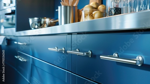 A market-style showcase of blue kitchen cabinet doors, adorned with contemporary stainless steel handles photo