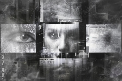 Abstract collage of human eye and textual elements in monochrome tones photo