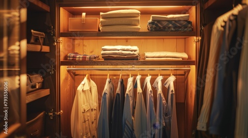 A detailed view inside a wooden cabinet, clothes on rails highlighted in soft lighting © Paul