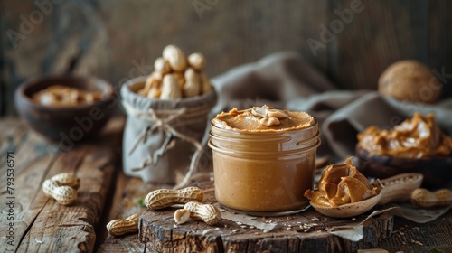 Artistic arrangement of peanut butter in a glass jar and bowl  highlighted on a vintage wooden table