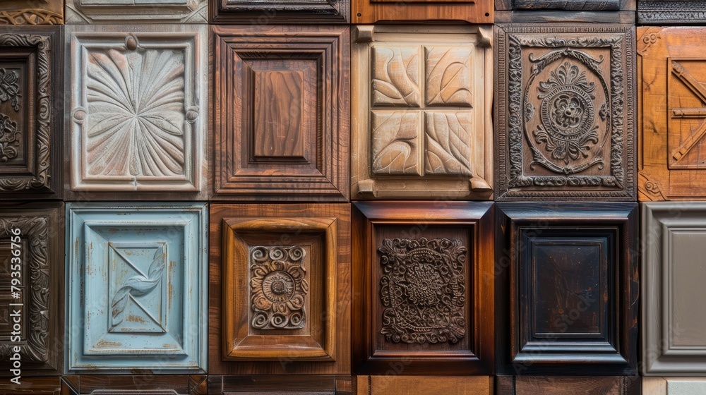 Array of luxury wood cabinet doors, each displaying unique textures and vintage charm Array of luxury wood cabinet doors, each displaying unique textures and vintage charm