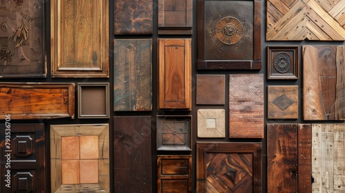 Array of luxury wood cabinet doors, each displaying unique textures and vintage charm