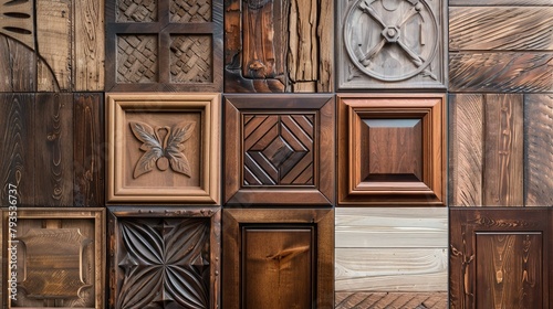Array of luxury wood cabinet doors, each displaying unique textures and vintage charm