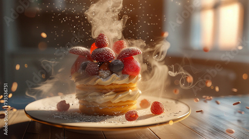 Dessert food levitation concept. Strawberry White whipped cream cake on table background with Generative Ai. © yayha