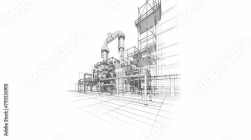 Sketch of industrial equipment rendered in wire-frame style with separated layers of visible and invisible lines.