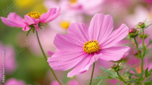 Blooming beautiful pink cosmos flower in the garden