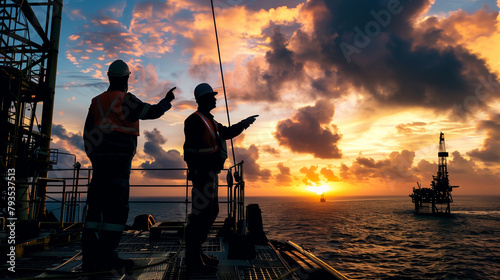 Two men standing on a boat looking out at the ocean. One of them is pointing at something