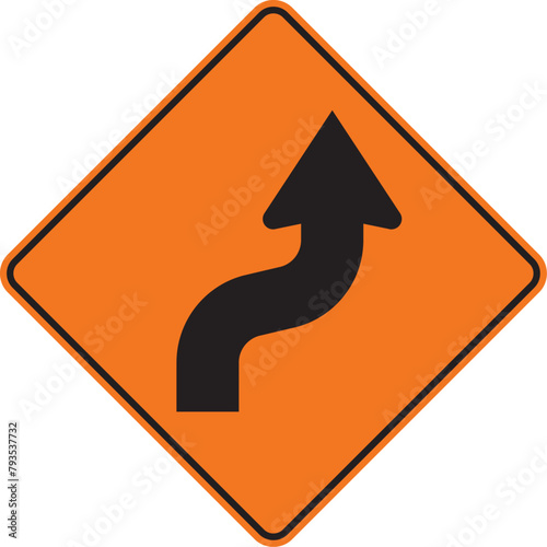 curva y contracurva pronunciada primero a la derecha, señal color naranja, pictograma, preventivo, icono, vector, naranja, rombo naranja, símbolo, silueta, ilustración, rombo, señales, imagen, indicar