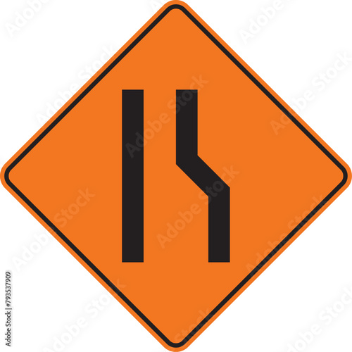 reducción a la calzada derecha, icono, vector, señal de prevención, símbolo, señal color naranja, silueta, ilustración, pictograma, rombo, preventivo, naranja, señales, imagen, indicar, norma, normati