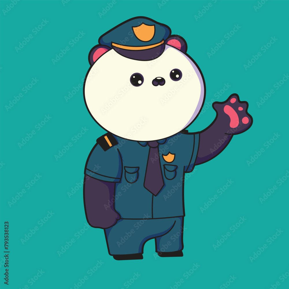 a cartoon panda character with a cop hat and uniform on.