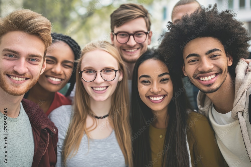 Group of diverse young people looking at camera and smiling while standing outdoors Group of diverse young people looking at camera and smiling while standing outdoors