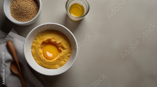 Top view of, Raw egg yolk on whole wheat flour mixing grains in white ceramic bowl on table.generative.ai photo