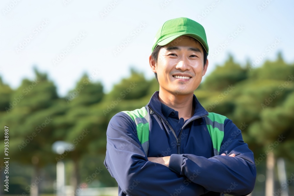 smiling electronic engineer, adorned in green safety attire and helmet, stands confidently beside solar panels to advancing renewable technologies. smiling electronic engineer, adorned in green safety attire and helmet, stands confidently beside solar panels to advancing renewable technologies.