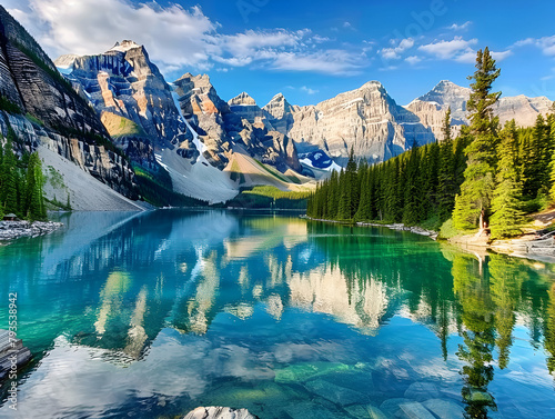 Serene Nature Landscape: Crystal Lake, Lush Forests, Majestic Mountains
