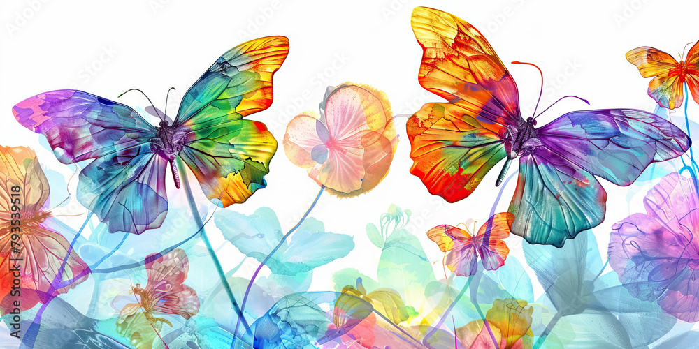 Fototapeta premium The Psychedelic Garden: The Blooming Flowers and Translucent Butterflies - Picture blooming flowers and translucent butterflies, symbolizing the beauty and transience of life experienced 