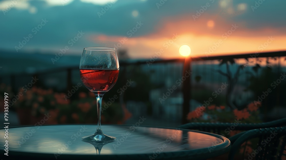 Fototapeta premium Rosé wine in a glass on a terrace table overlooking a sunset, creating a tranquil scene.