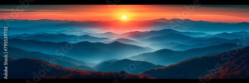 Mountains at sunset - bright sky - orange and blue horizon - golden hour 0- inspired by the scenery of western North Carolina 