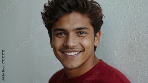 Portrait of young happy latino South American man smiling standing in front of blank white wall looks in camera