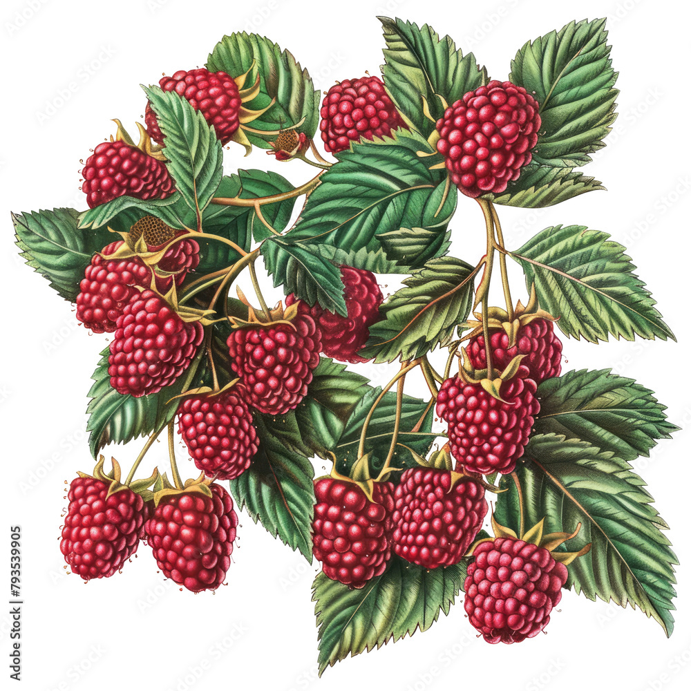 An image featuring vibrant raspberries adorned with lush green leaves set against a transparent background An image featuring vibrant raspberries adorned with lush green leaves set against a transparent background