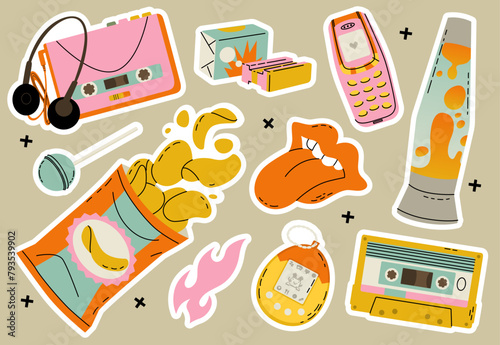 A set of stickers for girls in a modern flat style. Culture and attributes of the 90s and 00s. Vector illustration isolated on a color background.