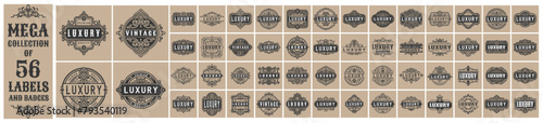 Mega Collection of 56 Vintage typographic decorative ornament design elements set vector illustration, featuring labels and badges, luxurious fancy logo symbols, elegant calligraphic swirls, and ornat