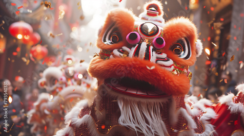 Traditional colorful Chinese dancing lion head decoration  Chinese New Year.