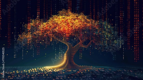 Tree consist of binary code. AI generated photo