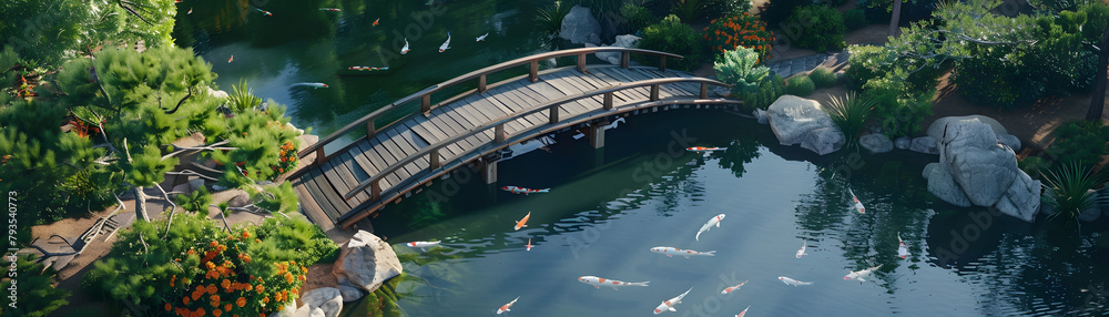 A bridge over a pond with a lot of fish swimming in it