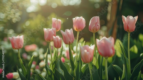 Garden with blooming pink tulips