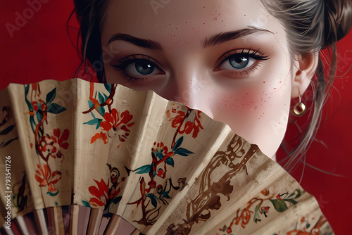 coy demure Asian woman holding decorative bamboo fan to her face photo