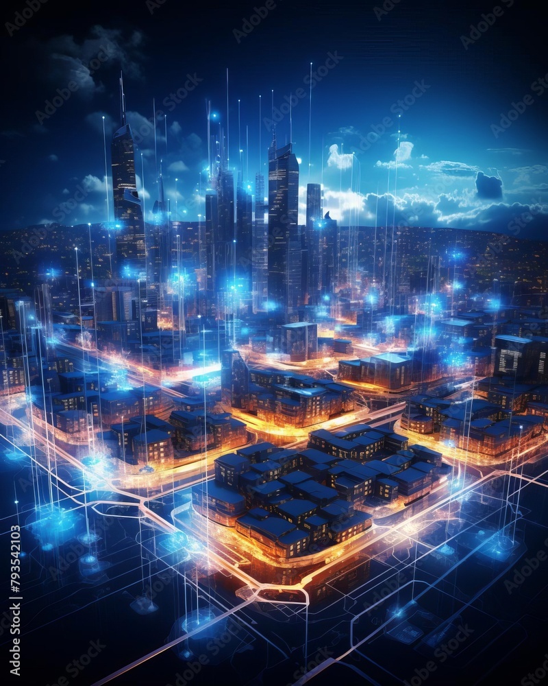 Concept image of a smart city residential area in neon, shown as a wireframe hologram against a backdrop of interconnected data flows