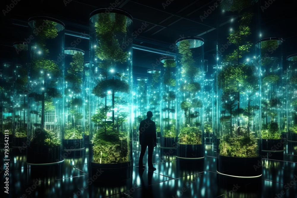 Conceptual image of a smart citys vertical farming facility as a neonlit hologram, featuring volumetric growth data and energy cycles - obrazy, fototapety, plakaty 