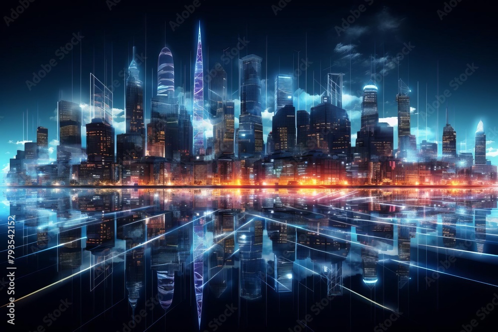 Image of an advanced urban skyline as a wireframe hologram, glowing in neon amidst a smart city environment with digital energy flows
