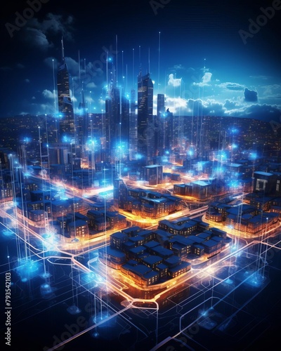 Concept image of a smart city residential area in neon  shown as a wireframe hologram against a backdrop of interconnected data flows