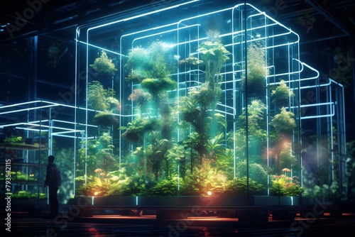 Conceptual image of a smart citys vertical farming facility as a neonlit hologram  featuring volumetric growth data and energy cycles
