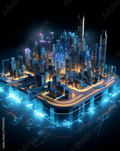 Futuristic 3D hologram of a smart citys water management system  illuminated in neon  showcasing energyefficient flows and data integration