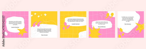Set of testimony review post template for social media or website. Trendy customer feedback post design of client opinion with collage and torn paper elements.
