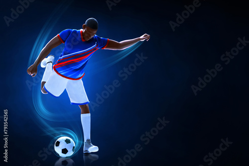 3d illustration young professional soccer player kicking ball on dark blue background