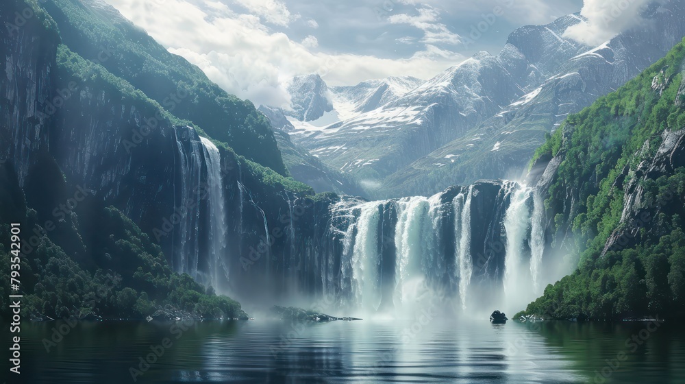 Fototapeta premium Experience the serenity of pristine landscapes, where majestic snowy peaks meet the calm expanse of the sea, and soothing waterfalls cascade with gentle grace.